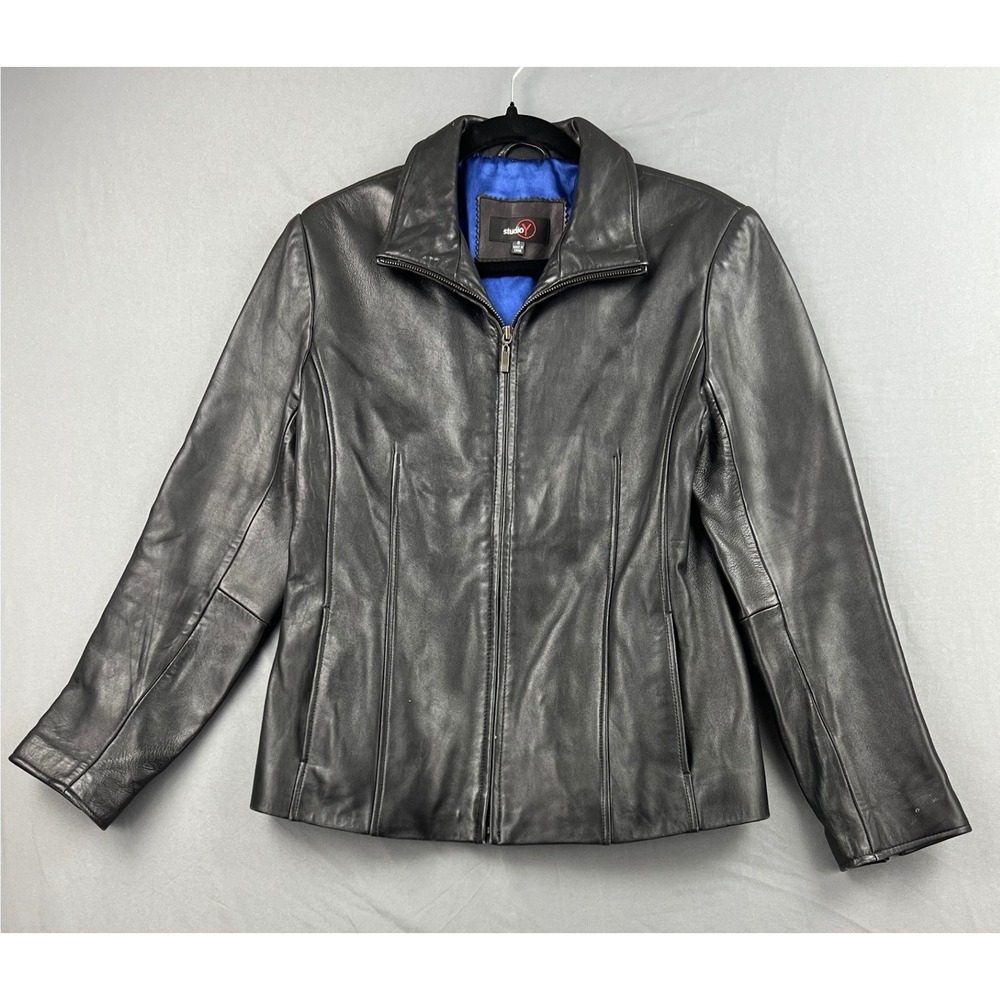 Studio Y Leather Jacket Womens Small Black Zip Up Blue Lining Good